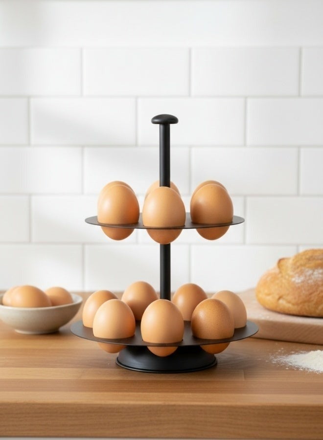 حامل بيض معدني مزدوج الطبقات غير دوار - منظم تخزين بيض دائري موفر للمساحة لسطح المطبخ أو الثلاجة - يتسع لـ 12 بيضة - تصميم أسود أنيق - Image 2